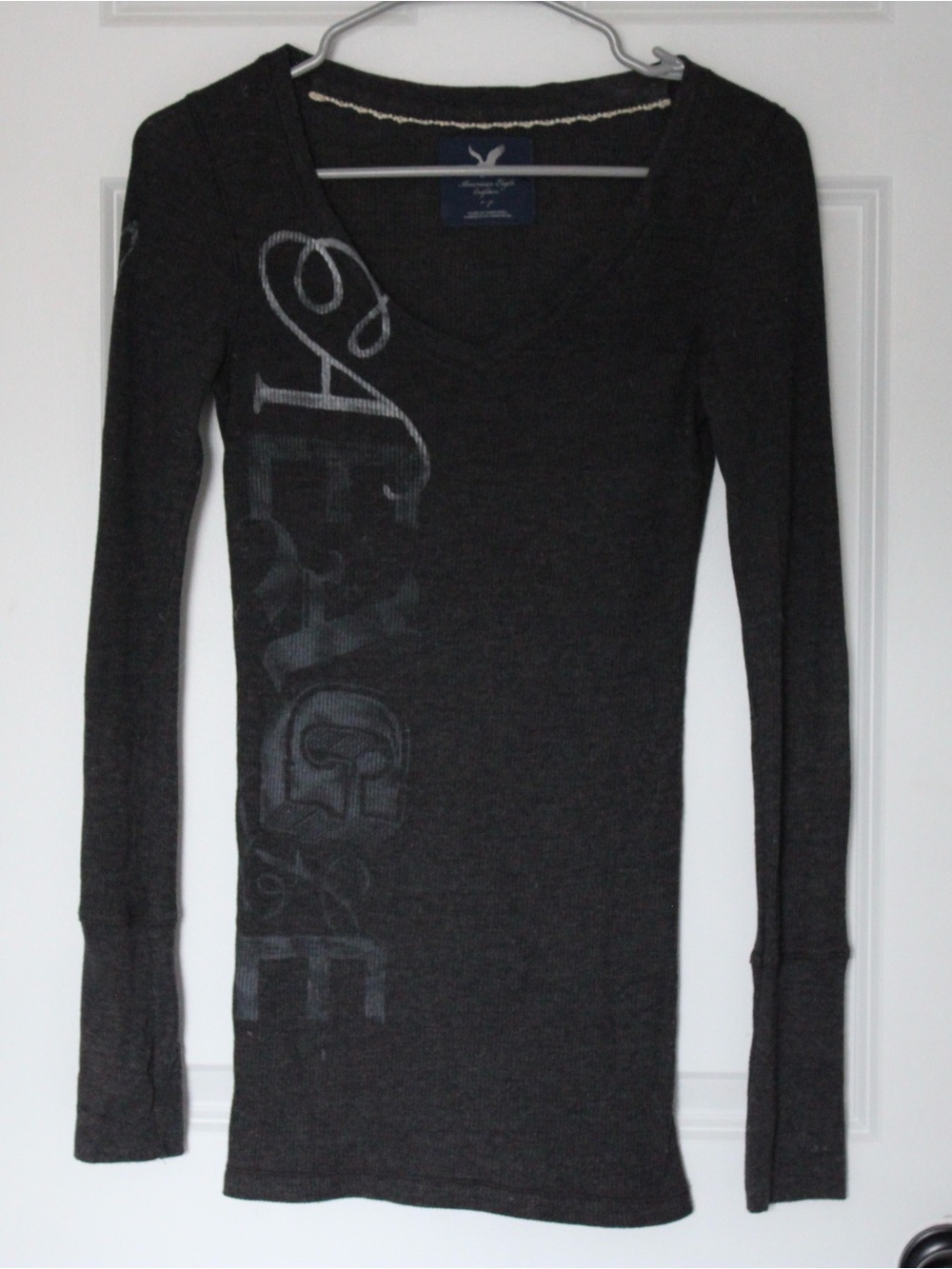 AMERICAN EAGLE Vintage Y2k V-neck Waffle Knit Long Sleeve T-shirt